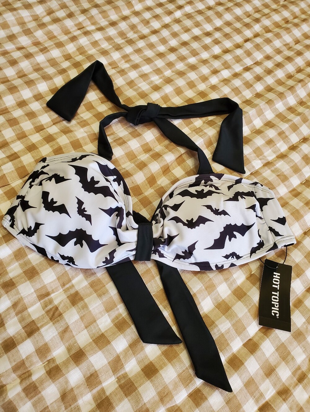NWT Hot Topic Bat Print Halter Bikini Swim Top Black White Goth Halloween